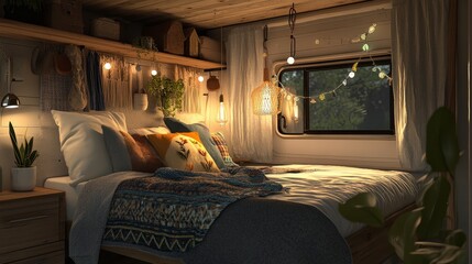 Campervan bedroom decorated with cozy kissen, hanging lamps, and designer touches to evoke a true zuhause feeling