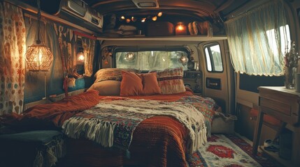 Campervan bedroom decorated with cozy kissen, hanging lamps, and designer touches to evoke a true zuhause feeling