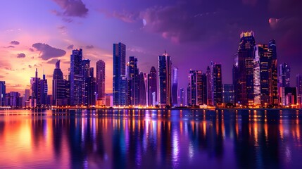 Obraz premium Futuristic City Skyline at Dusk with Vibrant Reflections and Neon Lights 
