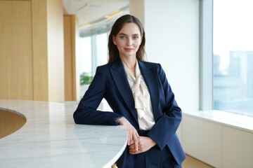 Confident businesswoman standing beside marble counter in modern office, showcasing professionalism and elegance during daytime
