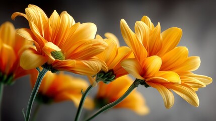 Fototapeta premium Close up of three vibrant yellow flowers with water droplets, soft gray background.