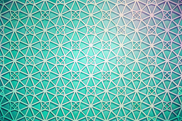 Turquoise to dusty lilac with geometric mashrabiya mesh and soft glows
