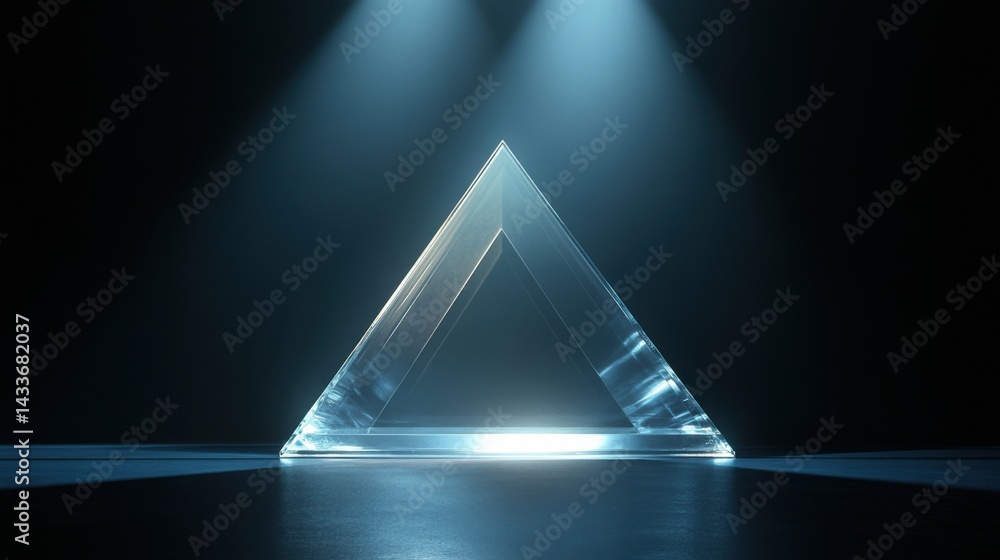 Poster a transparent crystal podium with angular features, illuminated from behind, set against a dark back