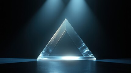 A transparent crystal podium with angular features, illuminated from behind, set against a dark background