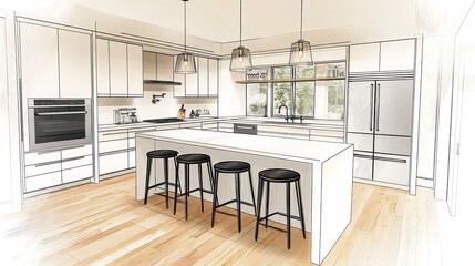 A modern kitchen design sketch with white cabinets, a large island with bar stools, and hardwood floors.