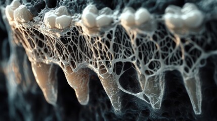 Microscopic alveolar bone structure, teeth roots, detailed network
