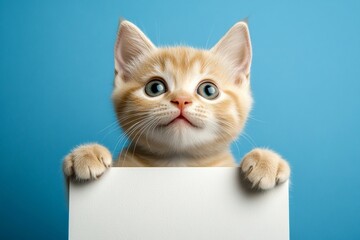 Naklejka premium Cat banner image. Ð¡ute cat british shorthair hold in front paws a concept - large white boulevard sign. Ad sign with cat. Cat near signage. Isolated baby feline on a solid suit rblue background.