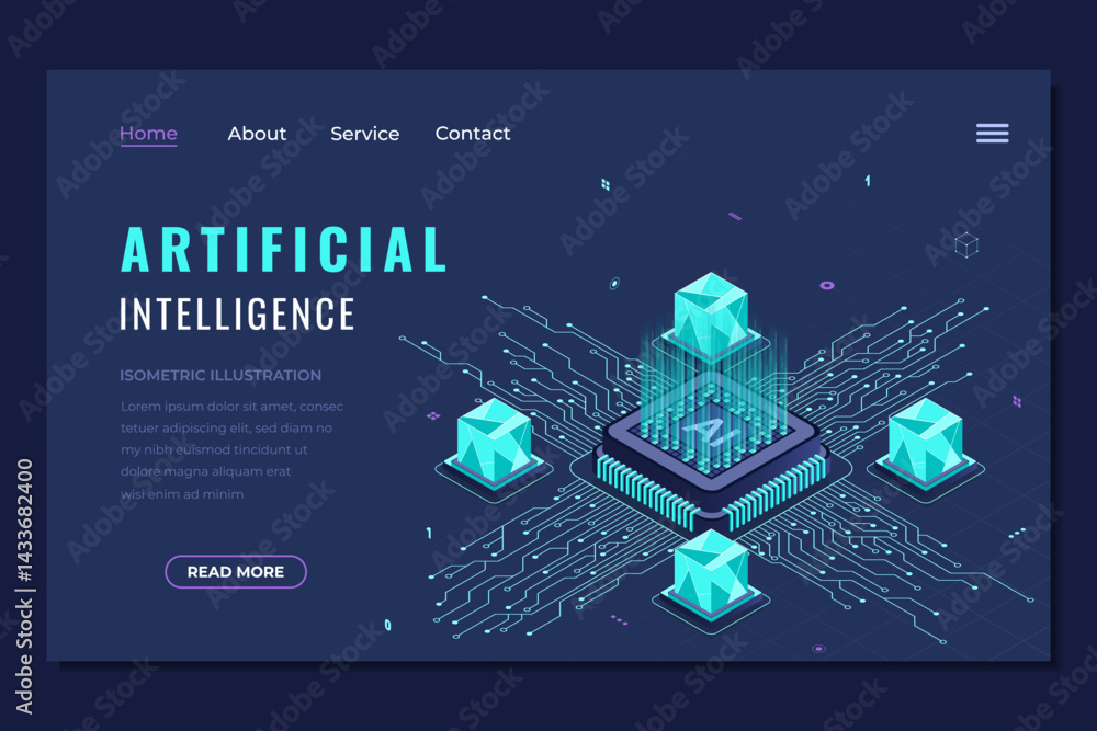 Poster isometric artificial intelligence landing page. machine learning technology. digital technology webs