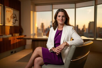 Professional portrait of a confident woman in a modern office overlooking a city skyline at sunset