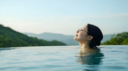 Relaxed Woman In Glasses By Pool With Mountain View