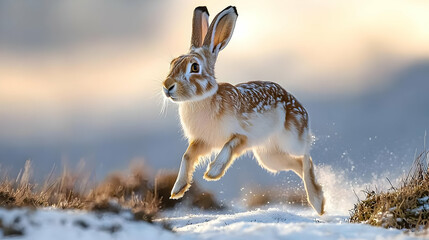 Running Rabbit In Snowy Meadow At Sunrise