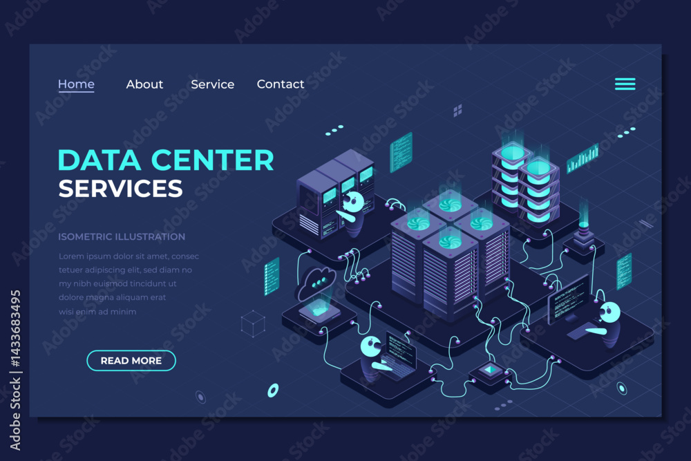 Poster isometric data center landing page. networking, database, cloud storage. digital technology website 
