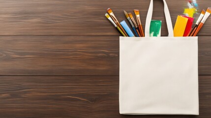 Canvas tote bags filled with sketchbooks, paint tubes, palette, pencils, and brushes, creative mess aesthetic