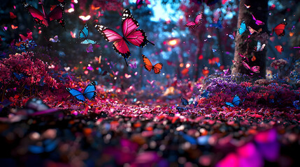 Colorful Butterflies In Magical Forest