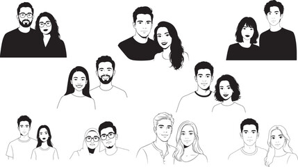 Vector Black Silhouettes of Couples — Upper Body Front-Facing Romantic and Casual Male and Female Pairs in Various Poses on White Background for Icon and Design Use
