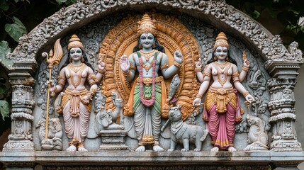 Fototapeta premium Carved stone statue of Lord Rama, Lakshmana, and Sita