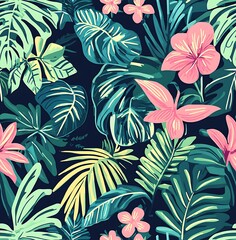 Tropical leaves and flowers seamless pattern in shades of pink, teal, navy blue, and white, with polka dots on a dark background