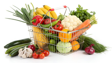 Grocery basket with products concept of fresh food sale or grocery set 3d render on white no shadow. Medium of african american female choosing vegetables in store.