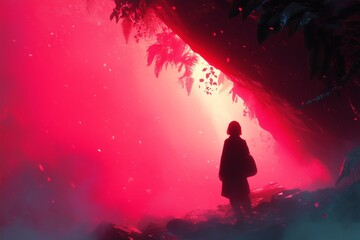 Naklejka premium Mystical Silhouette of a Person Standing Amidst a Vibrant Pink Forest Landscape