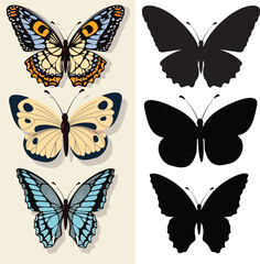 A colorful set of vector butterflies, a beautiful flying insect collection showcasing nature's spring design with yellow and black wings