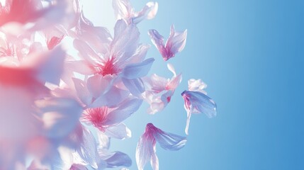 Fototapeta premium Delicate cherry blossom petals gracefully falling against a pale sky.
