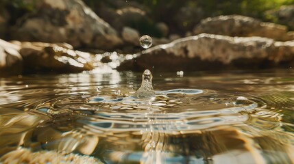 Close-up of a clear water droplet falling into a pristine lake, symbolizing purification and natural filtration. Fresh and clean water concept, environmental conservation and sustainability.

