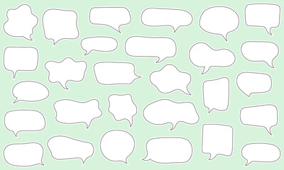 Hand drawn white speech bubble set with black outline on muted mint background. Cartoon doodle style text frames collection. Vector illustration for communication and design concepts.