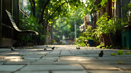 Low Angle View Of Alley With Pavement Sparrows and Lush Green Foliage under Sunlight