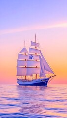Obraz premium A majestic sailing ship glides serenely across calm waters at sunset, its white sails billowing gently in the soft, pastel-hued sky