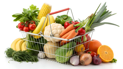 Grocery basket with products concept of fresh food sale or grocery set 3d render on white no shadow. Medium of african american female choosing vegetables in store.