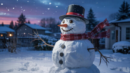 Naklejka premium A snowman in the snowy yard faces a blizzard bravely