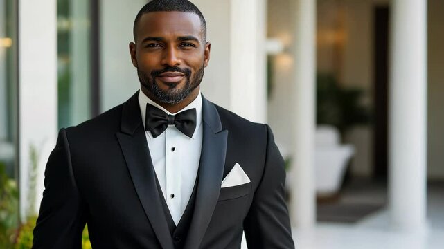 Elegant african american man in tuxedo with bow tie posing for portrait