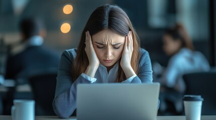 Stressed businesswoman experiences headache, rubs temples, demonstrating frustration, feeling pressure in office environment.