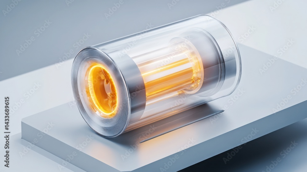 Aufkleber macro view of transparent battery chamber showing glowing, rotating energy core with soft particle e