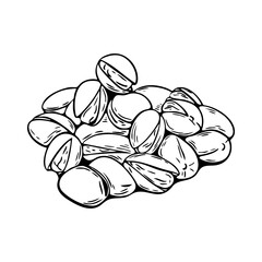 Pile of pistachio nuts in black and white outline drawing