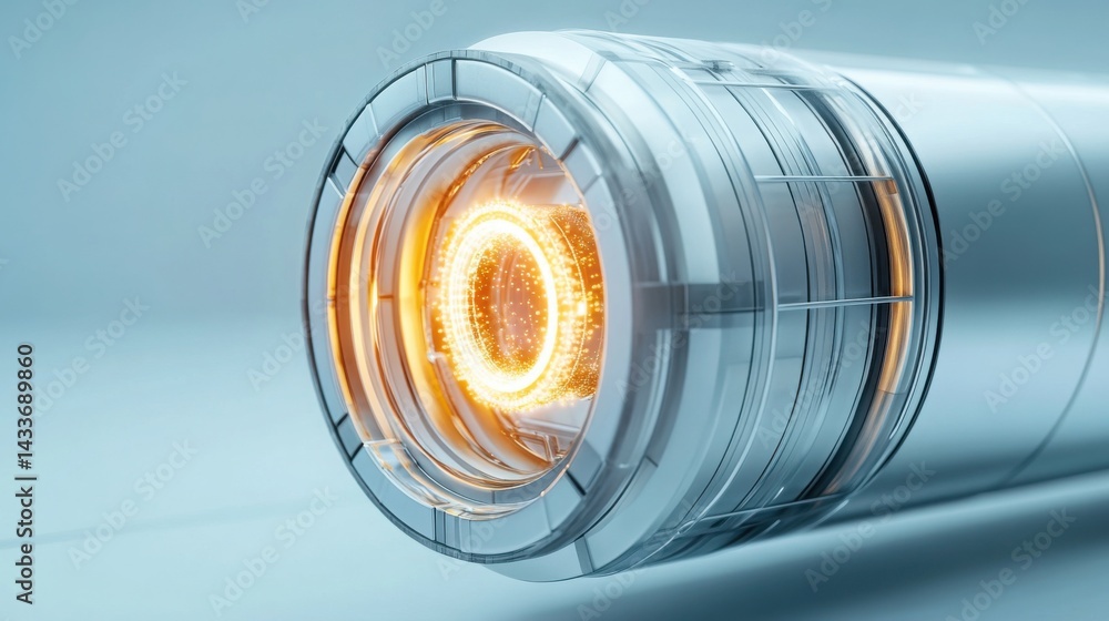 Poster macro view of transparent battery chamber showing glowing, rotating energy core with soft particle e