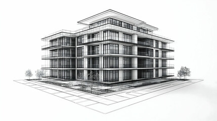 Architectural sketch of a modern multi-story building with balconies and surrounding landscaping