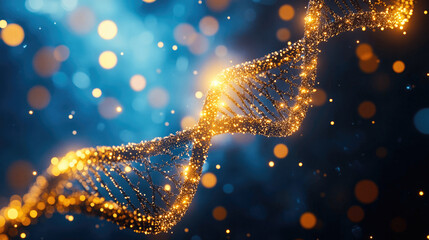 Golden DNA strand illuminated in a blue and sparkling background creating a captivating visual representation of genetics Generative AI