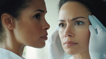 Hispanic dermatologist examines mature mixed-race patient's face, checking wrinkles in medical clinic, serious expression.