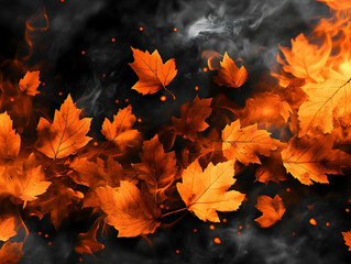 Autumn leaves float among smoke and fire in the dark Golden foliage contrast against the dark background