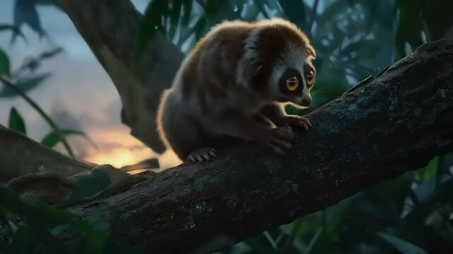 Adorable slow loris on a tree branch at sunset