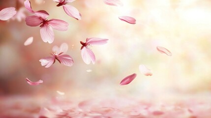 Delicate pink blossoms falling in soft, pastel light.