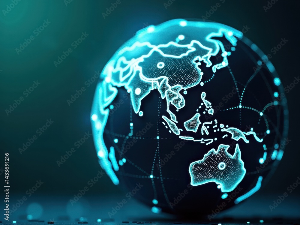Poster globe with a blue background and a white dot in the middle. the globe is surrounded by a network of 