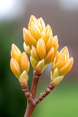 Close-up of three vibrant, pale orange buds emerging on a slender brown stem against a blurred green and gray background