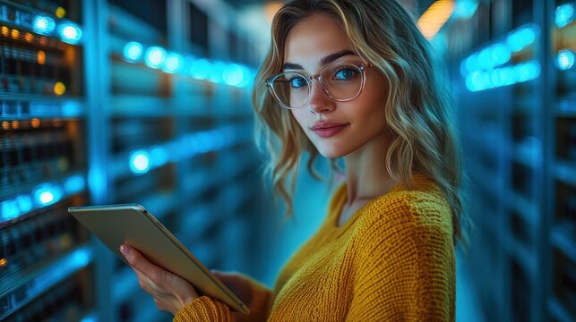 Woman with tablet in server room surrounded by data racks and blue lights.