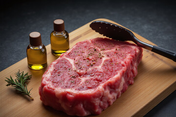 piece of steak on a cutting board with a knife and fork