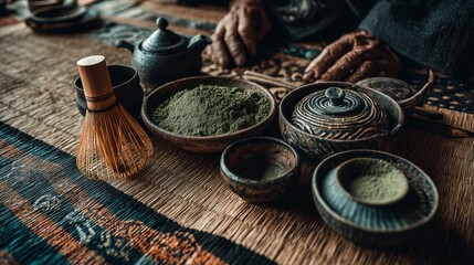 Close up view of dark wooden bowls containing green matcha powder, tea whisk, teapot, and other tea ceremony tools on a textured surface.