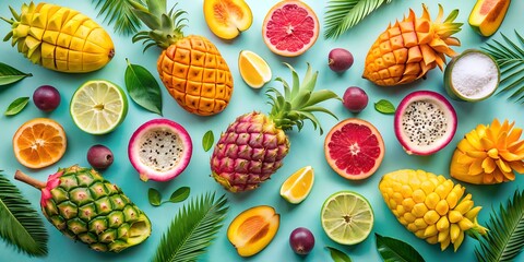 flat lay of tropical fruits mango pineapple and lime