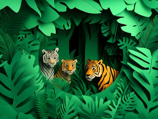 Three tigers nestled amidst lush vibrant green foliage  Paper art style