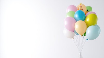 Colorful party balloons against a white background. A cluster of pastel-colored balloons, including pinks, greens, yellows, and blues, tied together, creating a festive atmosphere